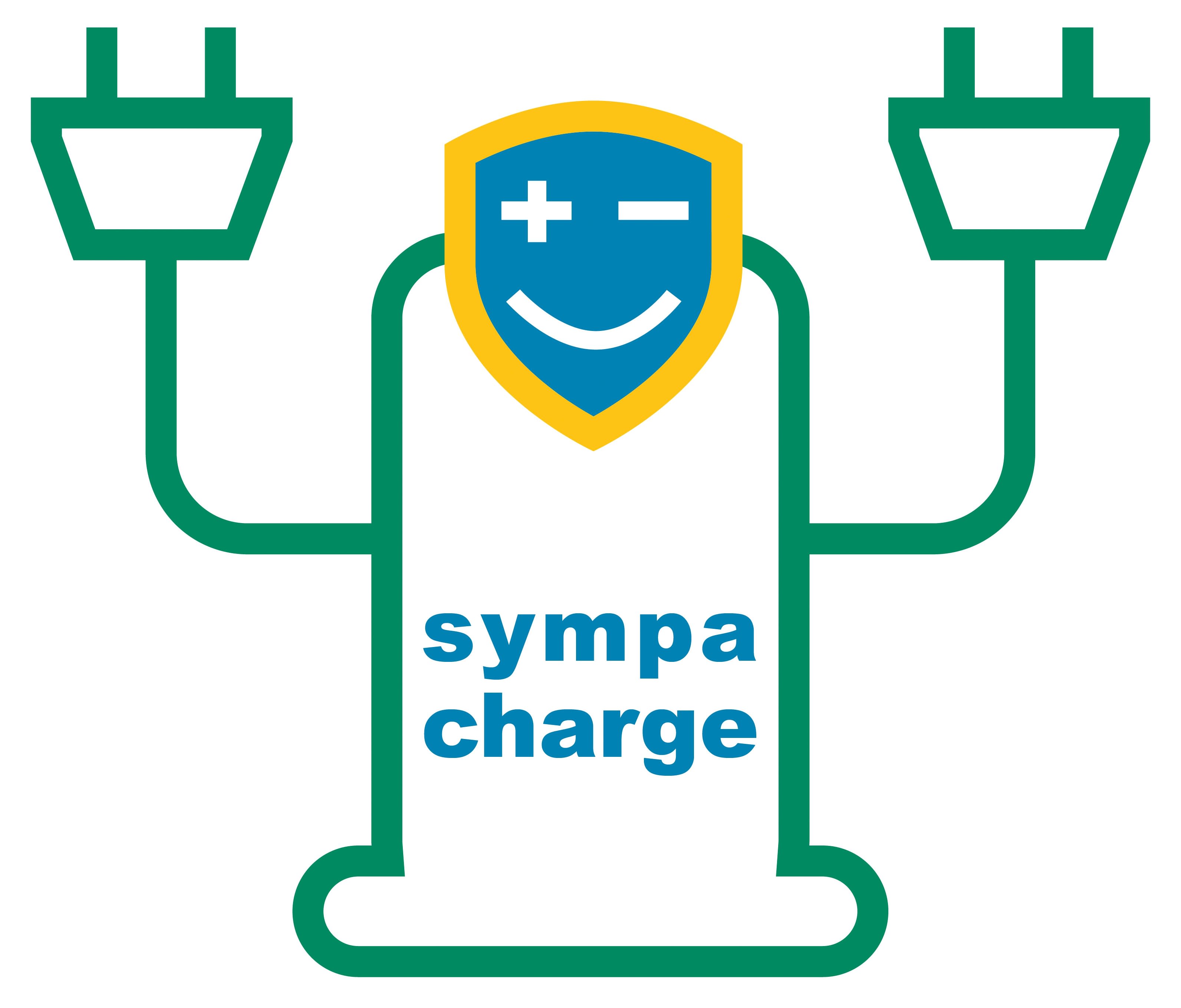 Logo de "Sympa Charge" : une borne de recharge avec deux prises qui font des bras et un sourire