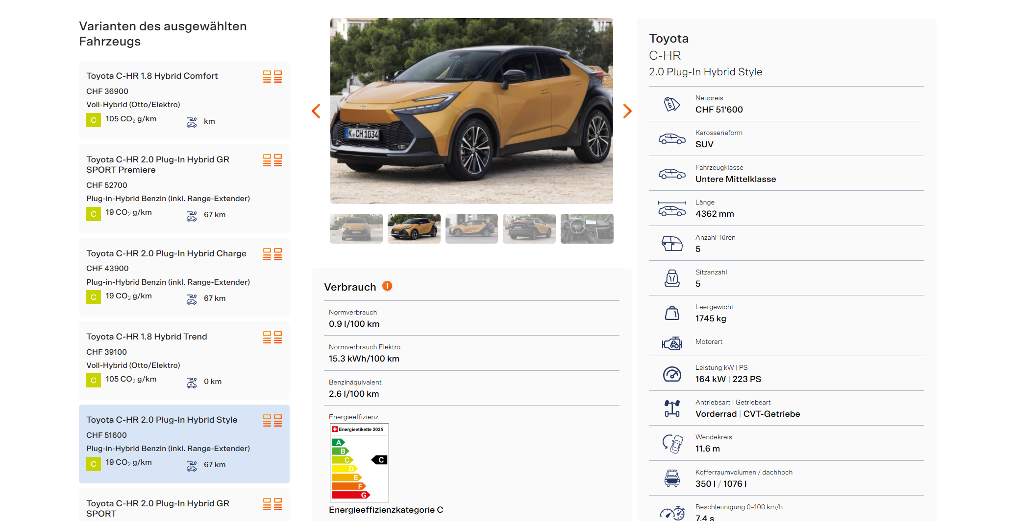 Screenshot der Website des Verbrauchs-Katalog: Ein Toyota CHR wird mit seinen verschiedenen Ausführungsvarianten verglichen