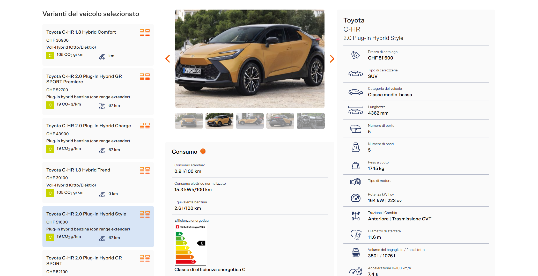 Screenshot del sito web del catalogo dei consumi: una Toyota C-HR viene confrontata con le sue diverse varianti