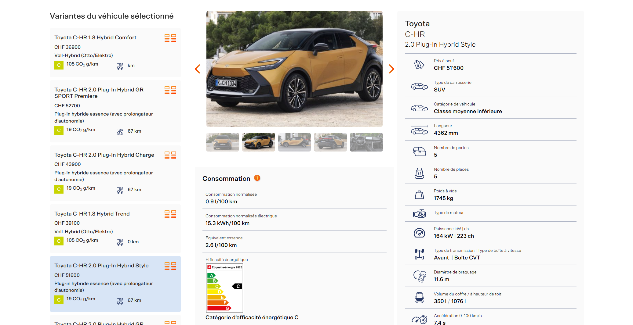 Screenshot du site du Catalogue de la consommation : Une Toyota CHR est comparé avec ses différentes versions