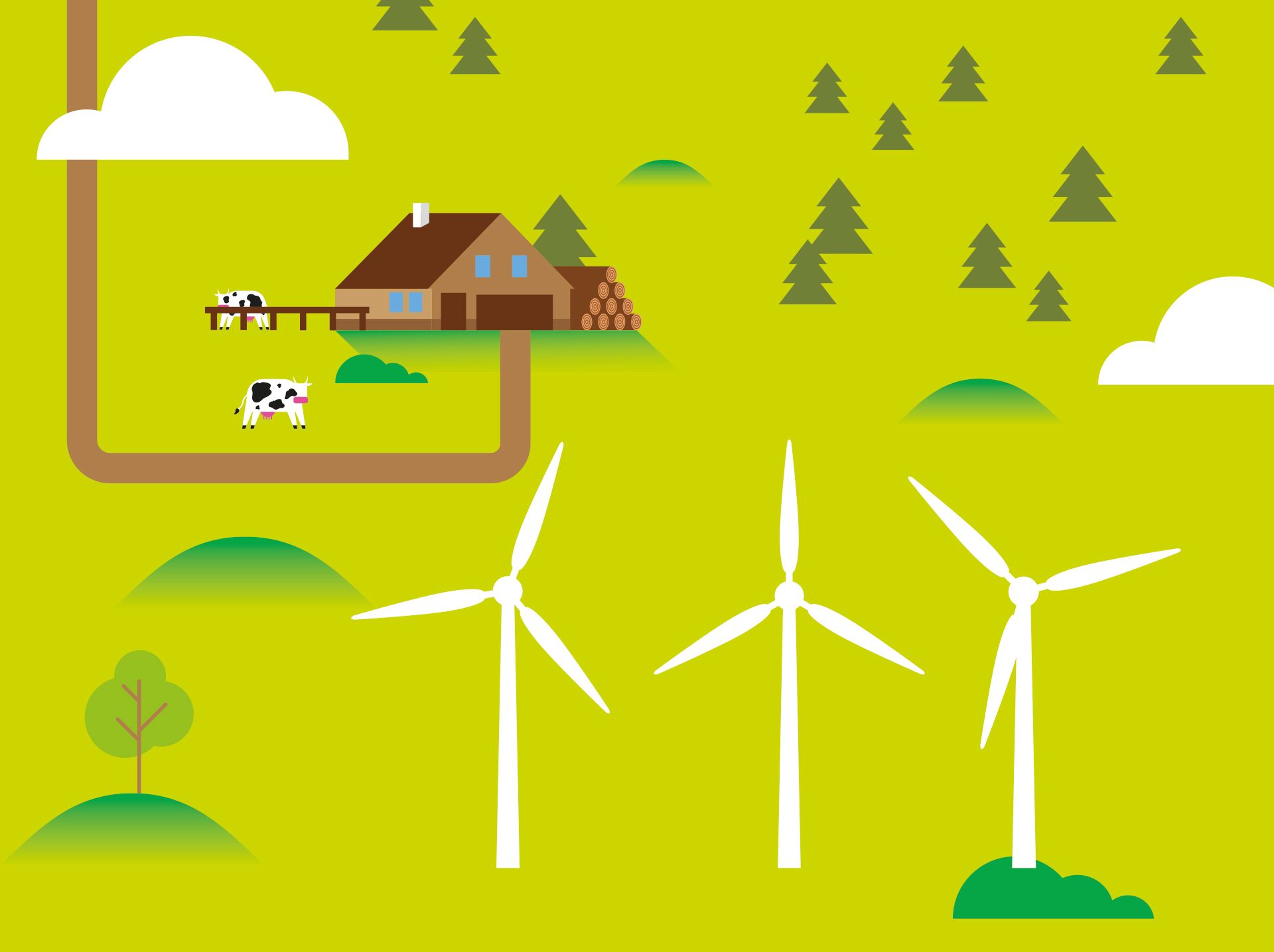 Illustrazione di una fattoria con turbina eolica.