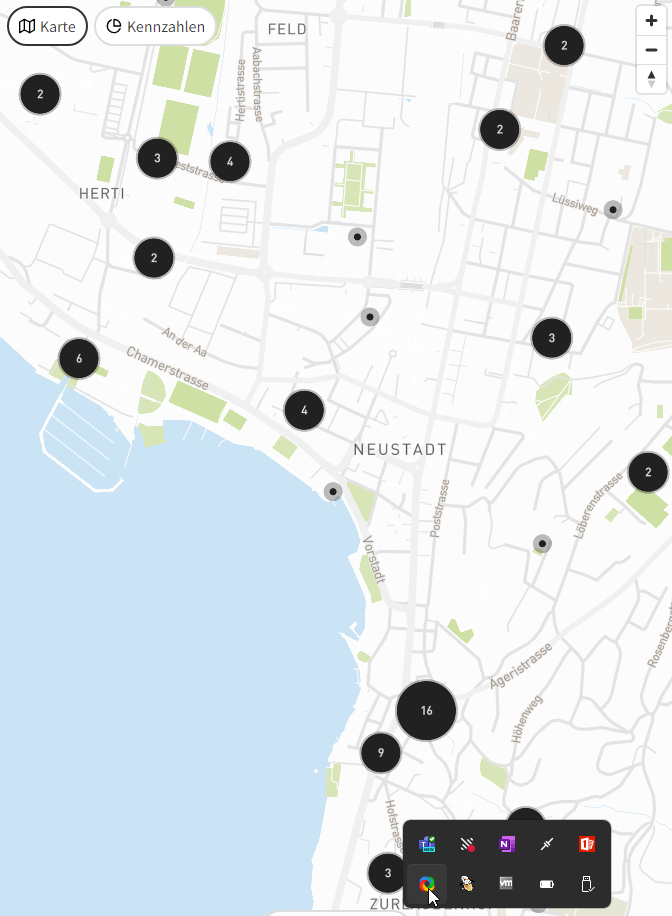 Stadtplan von Zug aus der App «CO₂mpass®», der die Gebäude zeigt, die Geothermie und Fernwärme nutzen