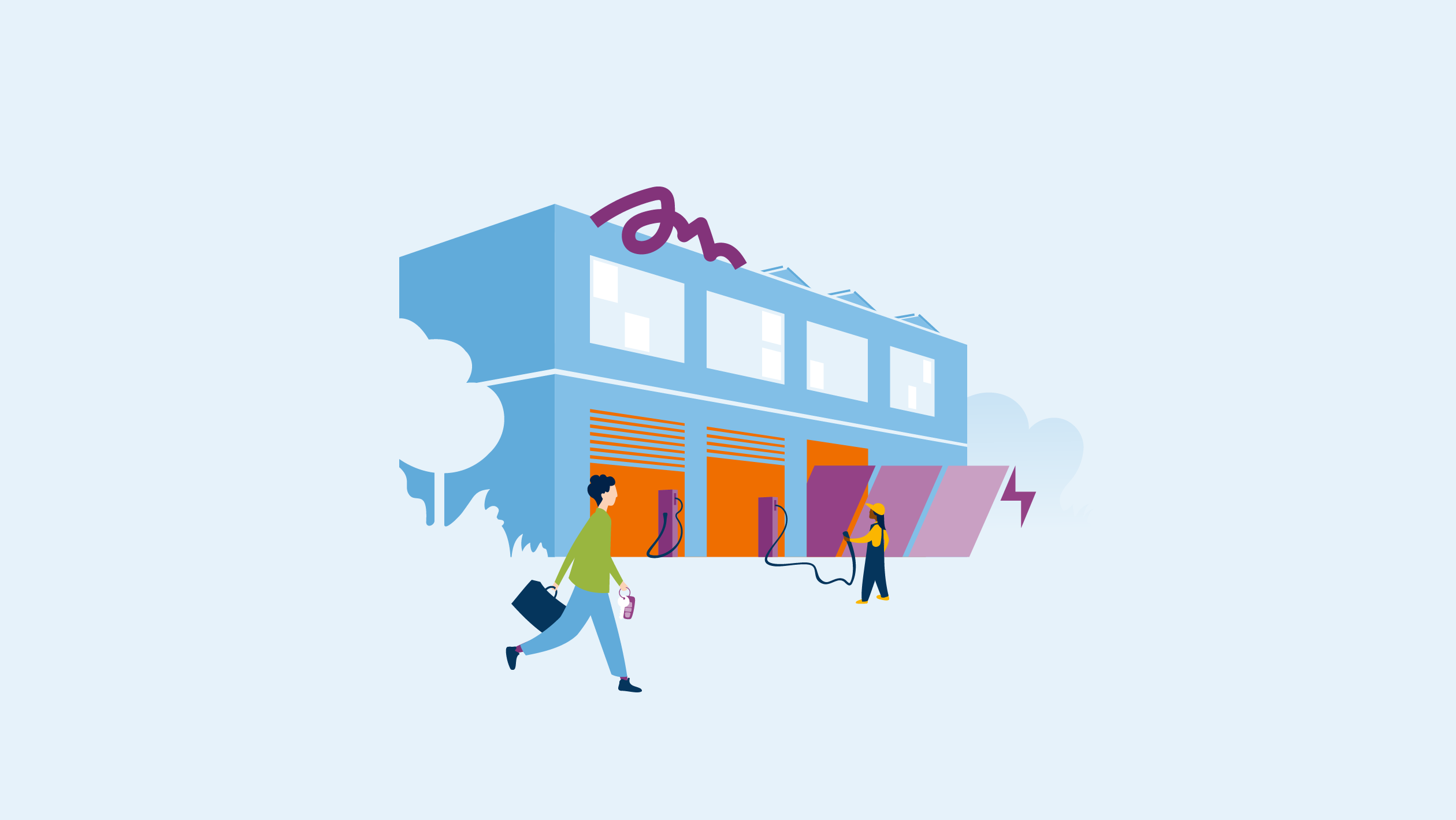 Illustration de la recharge en entreprise : travailleur en premier plan et bâtiment avec des bornes de recharge au fond