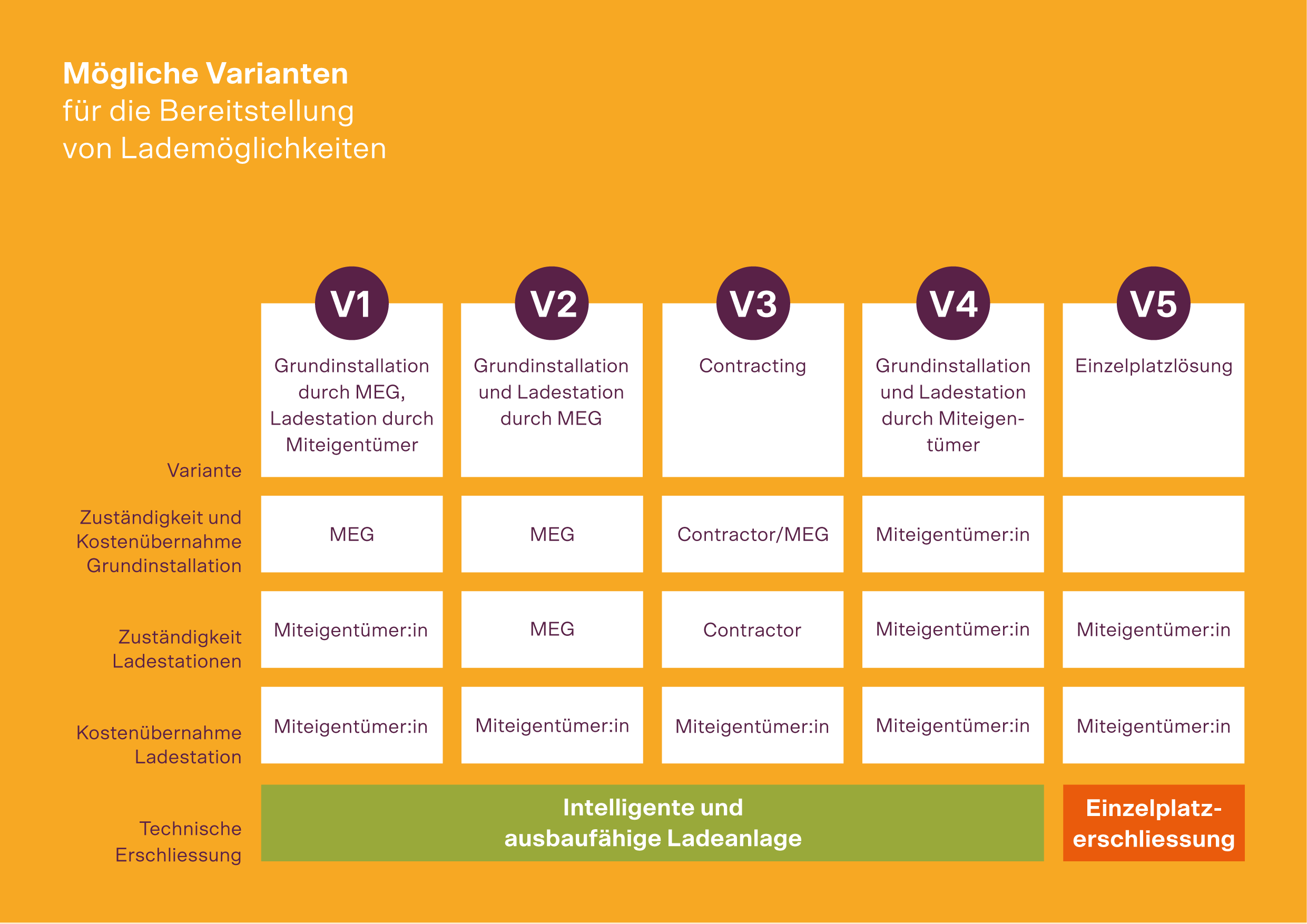 Varianten für die Bereitstellung der Lademöglichkeiten: die MEG oder die Miteigentümer sind für die Ladestationen zuständig