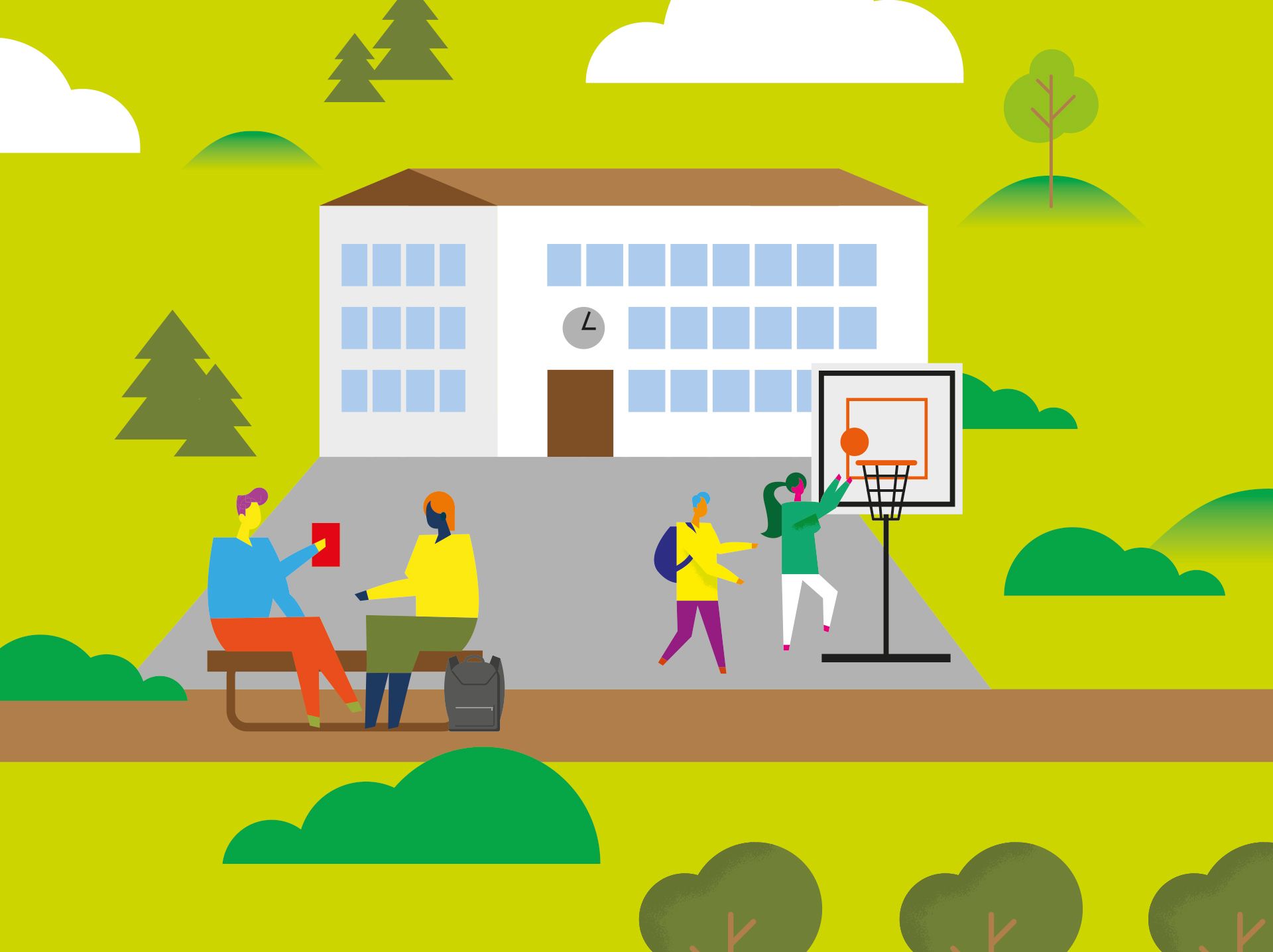 Illustration d'un bâtiment scolaire et de deux élèves jouant au basket-ball.