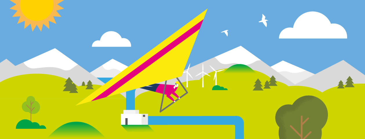 Illustration eines Deltafliegers, der über eine Berglandschaft fliegt.