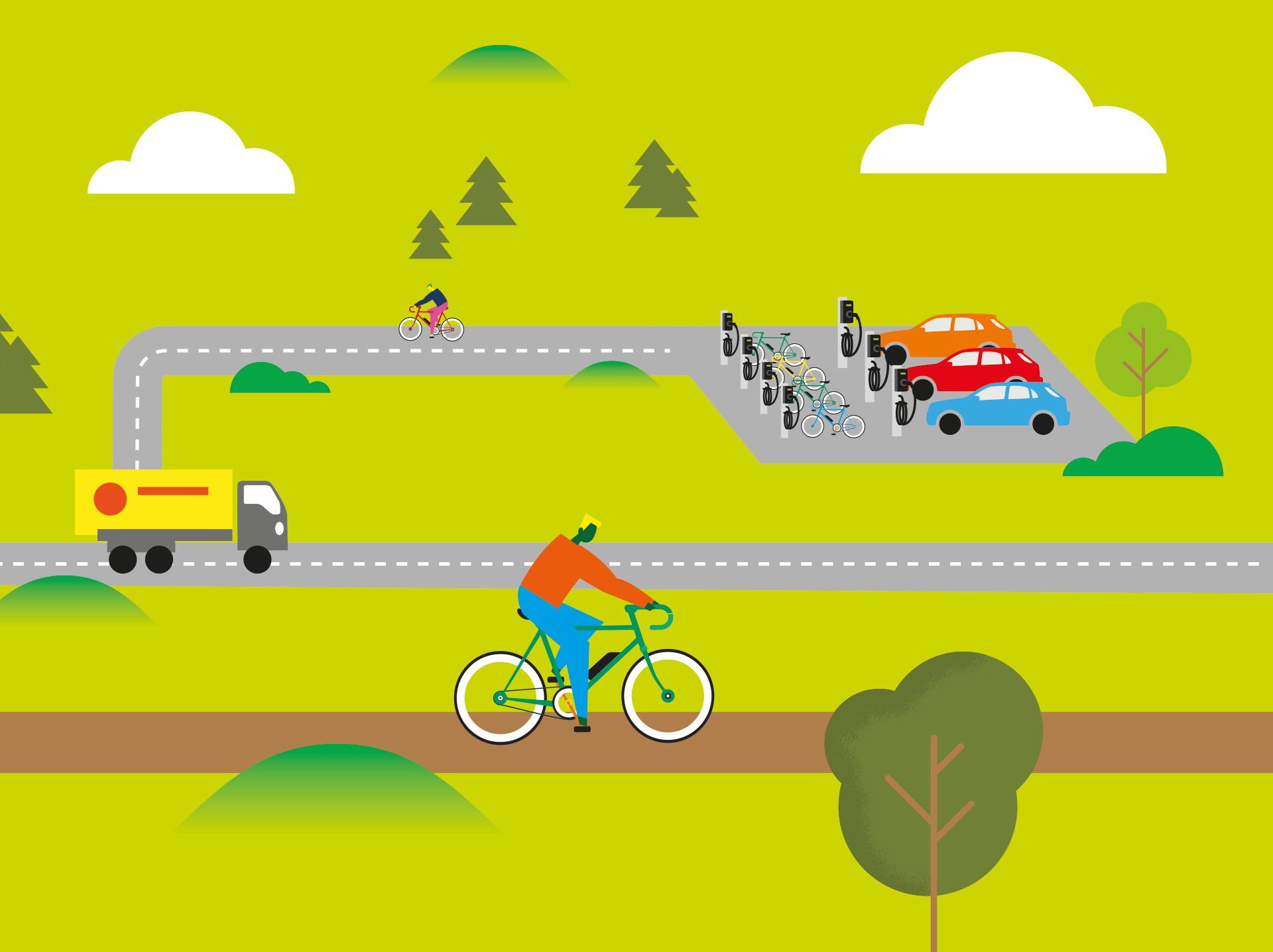 Illustration d'un parking équipé de bornes de recharge pour voitures électriques.