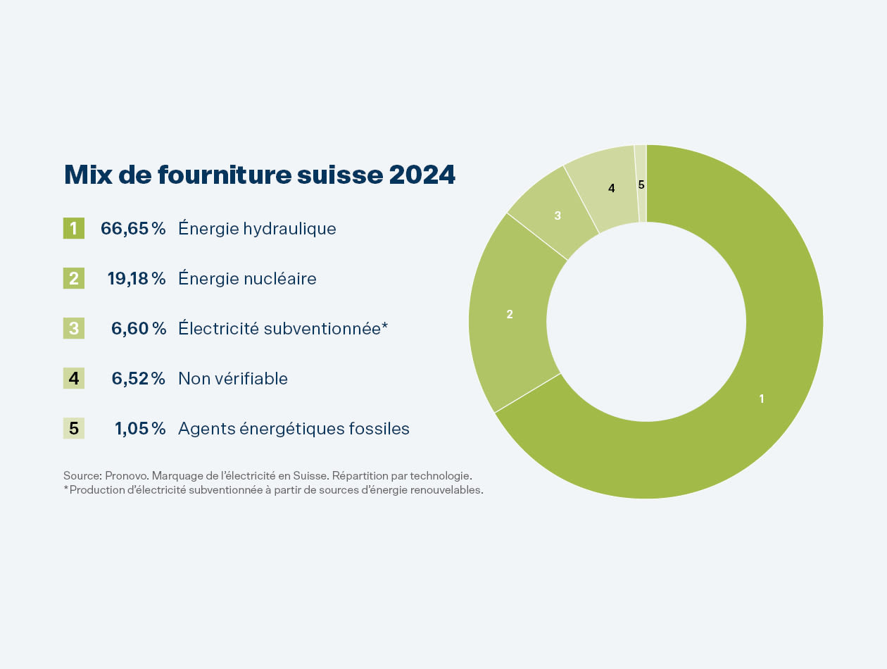 Le mix électrique 2020 se compose de 66% d'énergie hydraulique, 20% d'énergie nucléaire, 10% d'énergies renouvelables, 2% non vérifiables et 2% d'énergies fossiles.