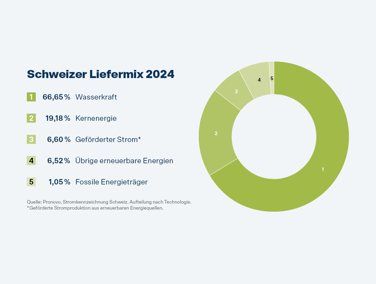 Der Strommix 2020 besteht aus 66% Wasserkraft, 20% Kernenergie, 10% erneuerbare Energien, 2% nicht überprüfbar und 2% fossile Energieträger.