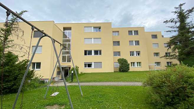 Une balançoire est installée dans le jardin d'un lotissement de maisons.