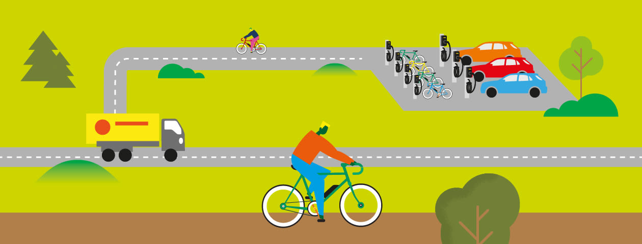 Illustration d'une place de parking pour voitures électriques, de deux cyclistes et d'un camion.