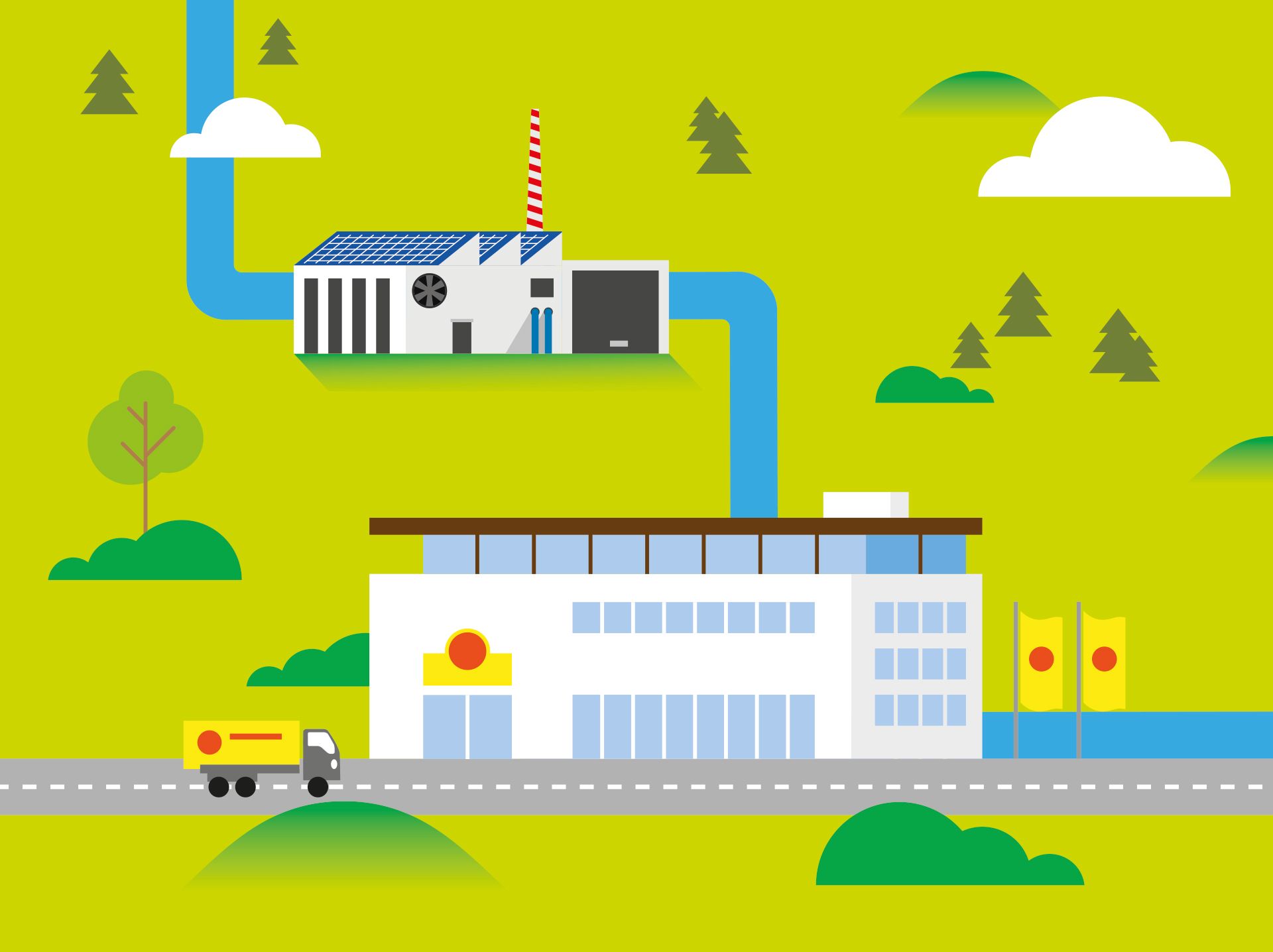 Illustrazione di una fabbrica con edificio amministrativo e camion.