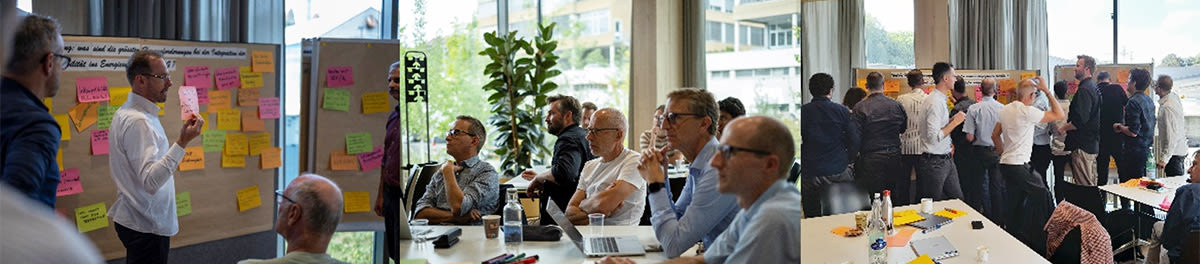 Trois photos d'un atelier avec de nombreuses personnes