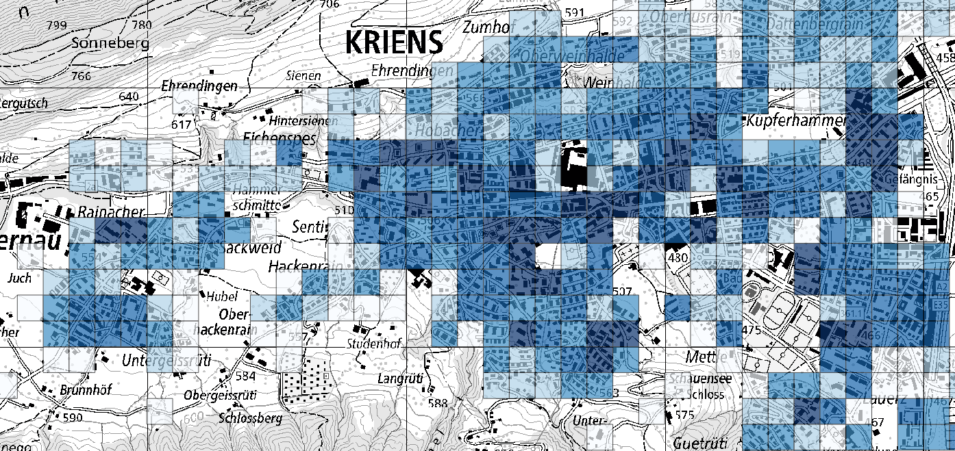 Mappa della città di Kriens con le emissioni di gas serra dei riscaldamenti per zone urbane
