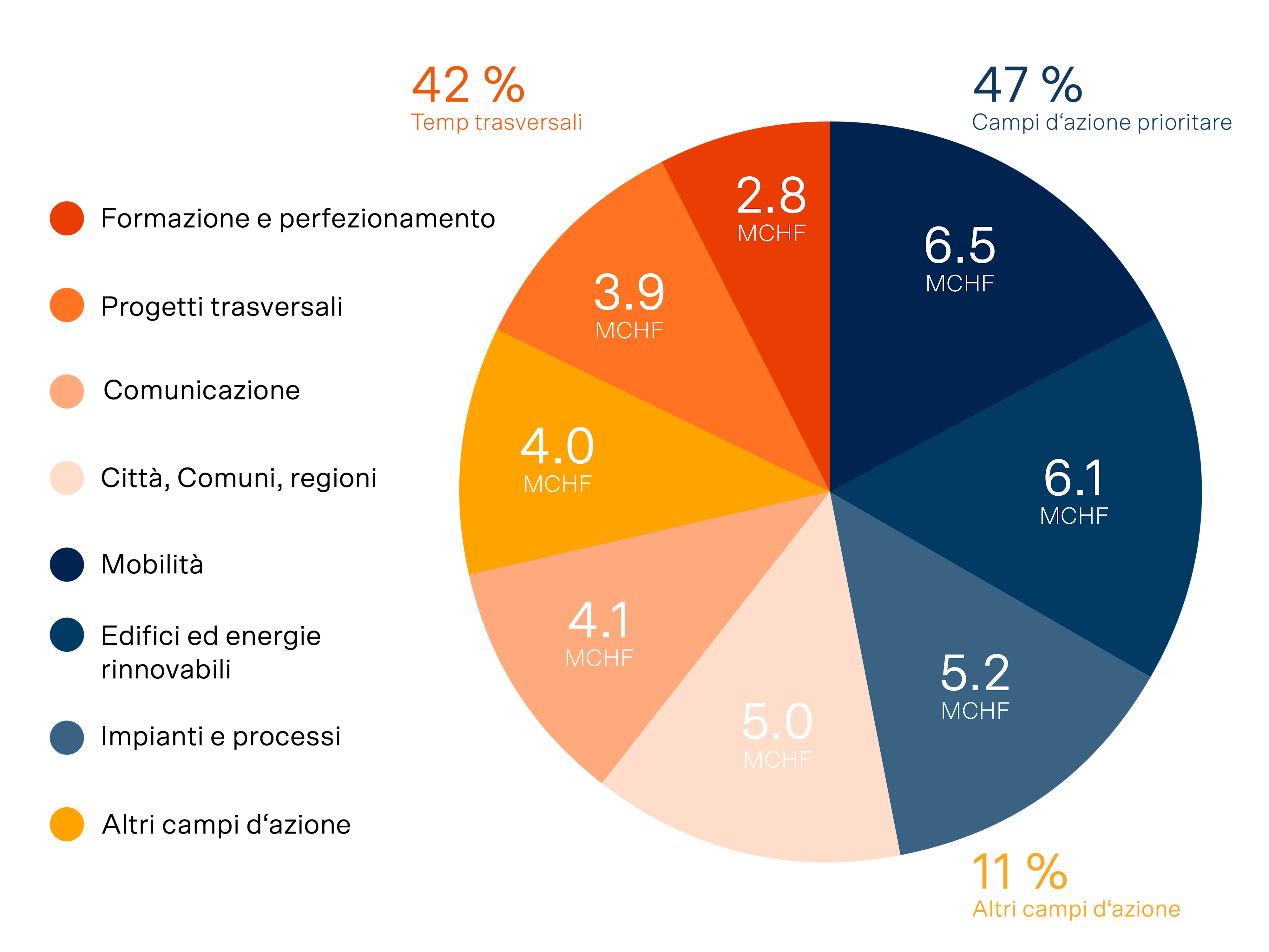 Grafico a torta che mostra la distribuzione degli investimenti in milioni di CHF.
