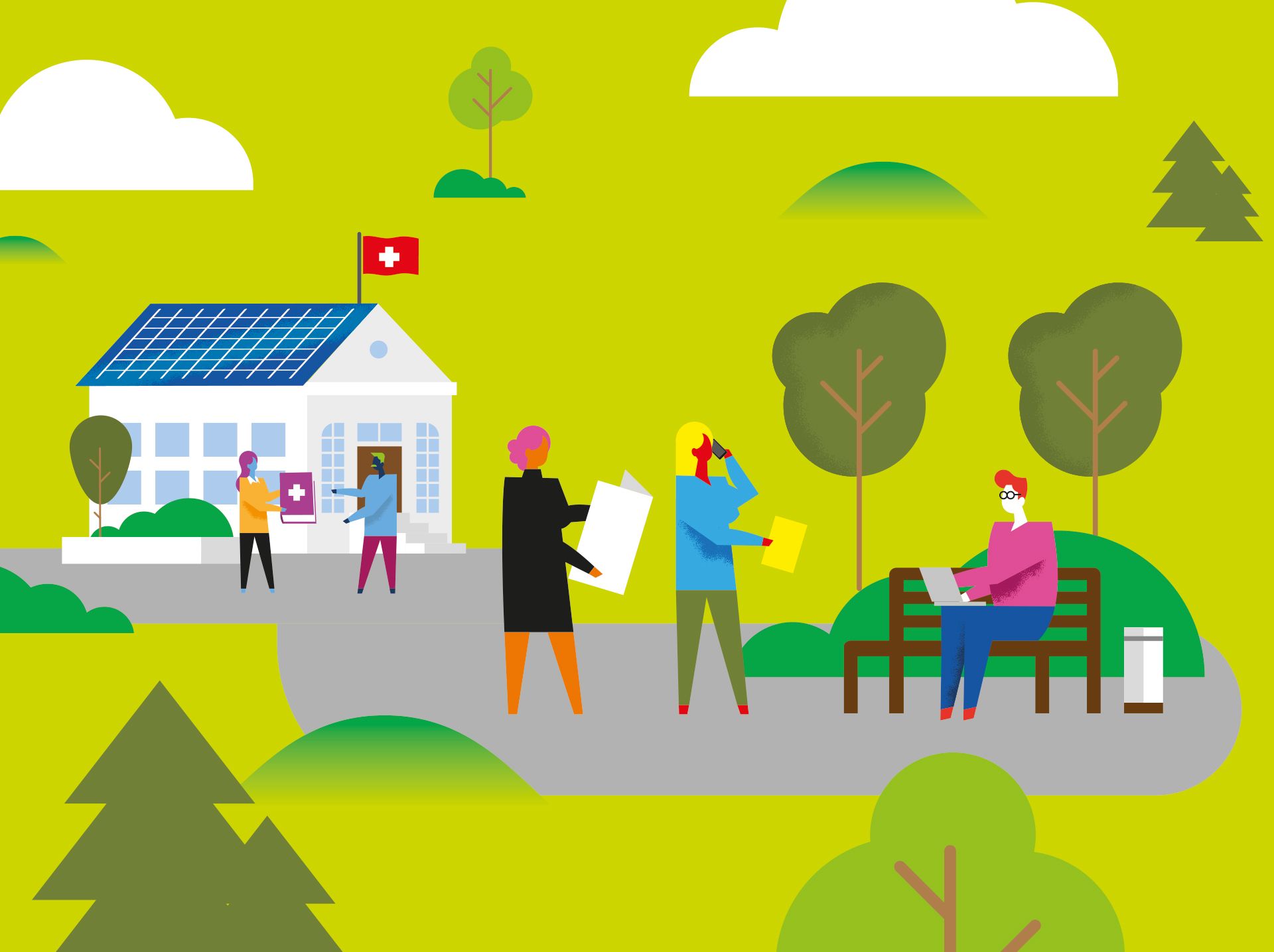 Illustration d'employés administratifs d'une commune discutant d'un projet.