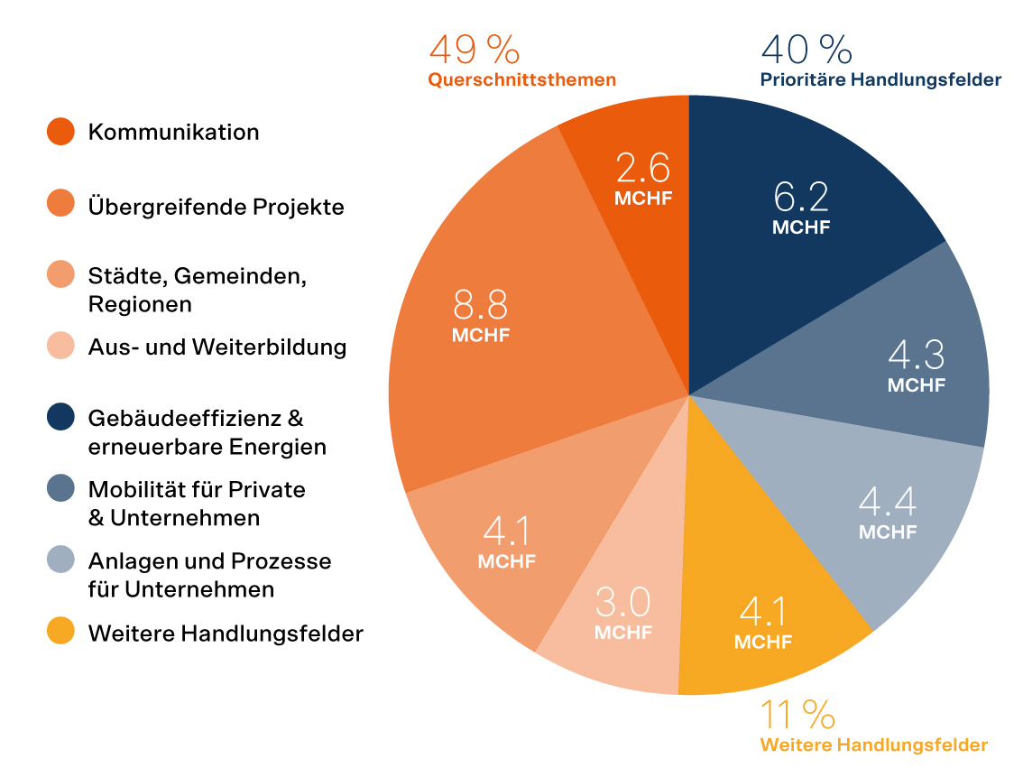 Die Infografik zeigt das effektiv aufgewandte Budget 2021, verteilt auf die neun Handlungsfelder und Querschnittsthemen. Bei einer Budgetausschöpfung von 87.8 % sind das 37.5. Millionen Franken.