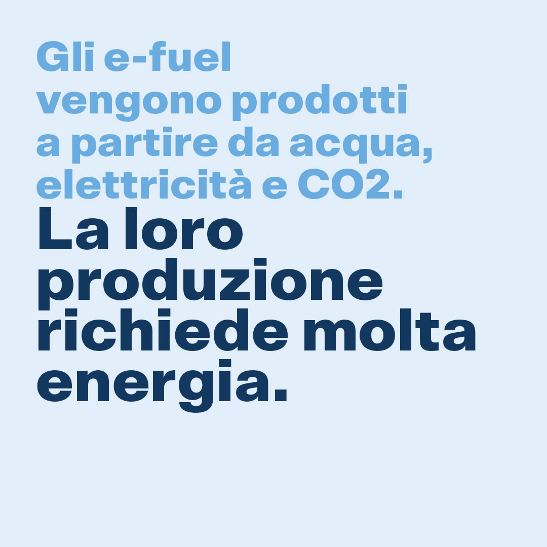 Gli e-fuel vengono prodotti a partire da acqua, elettricità e CO2. La loro produzione richiede molta energia.
