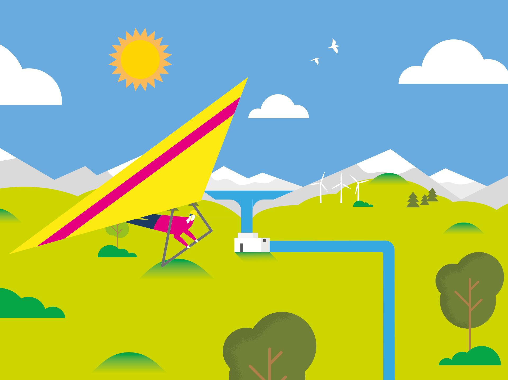 Illustration eines Deltafliegers über Berglandschaft.
