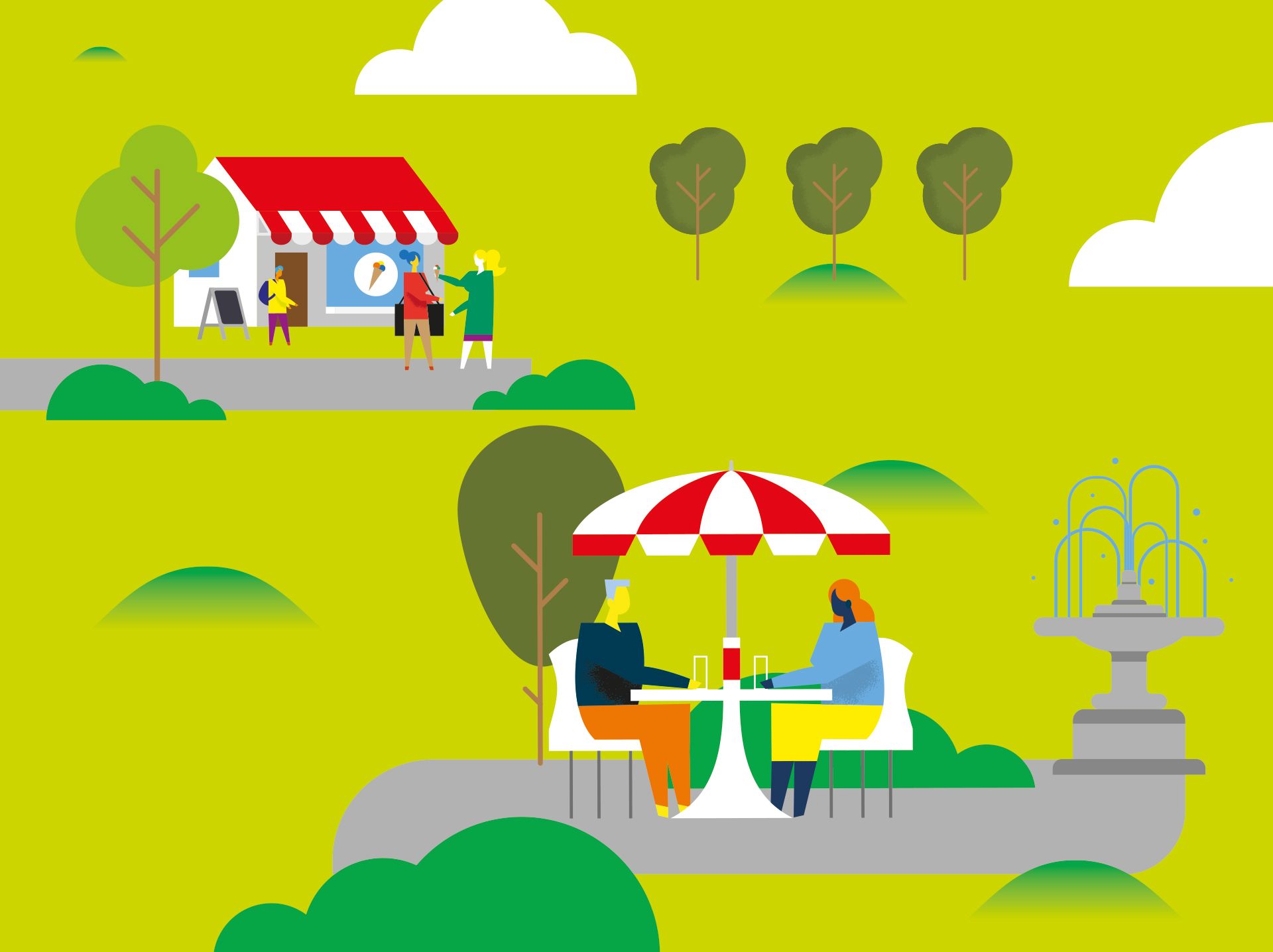 Illustration de deux personnes assises dans un café et discutant ensemble.