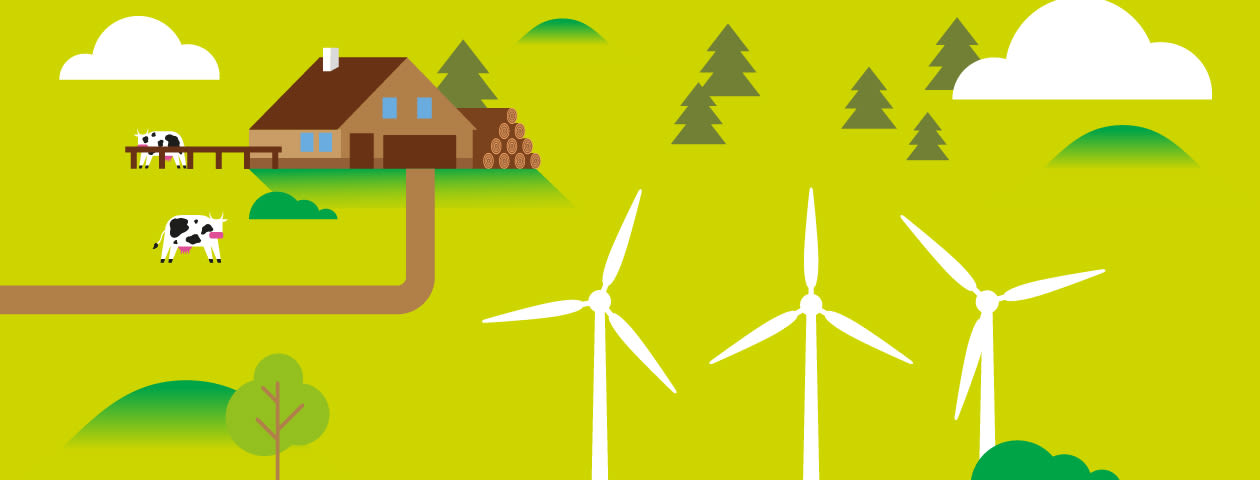 Illustration eines Bauernhofes mit Windkraftanlage im Vordergrund.