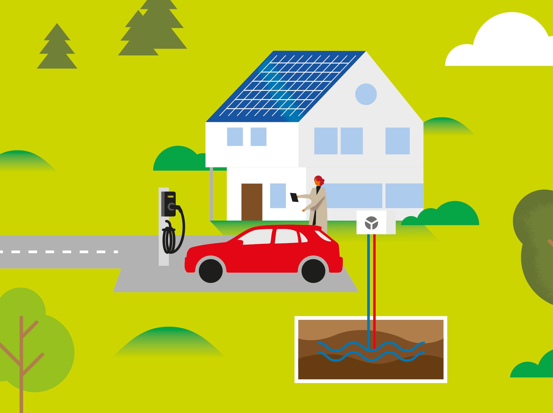 Illustration d'un bâtiment équipé de panneaux photovoltaïques, d'une pompe à chaleur et d'une station de recharge électrique.