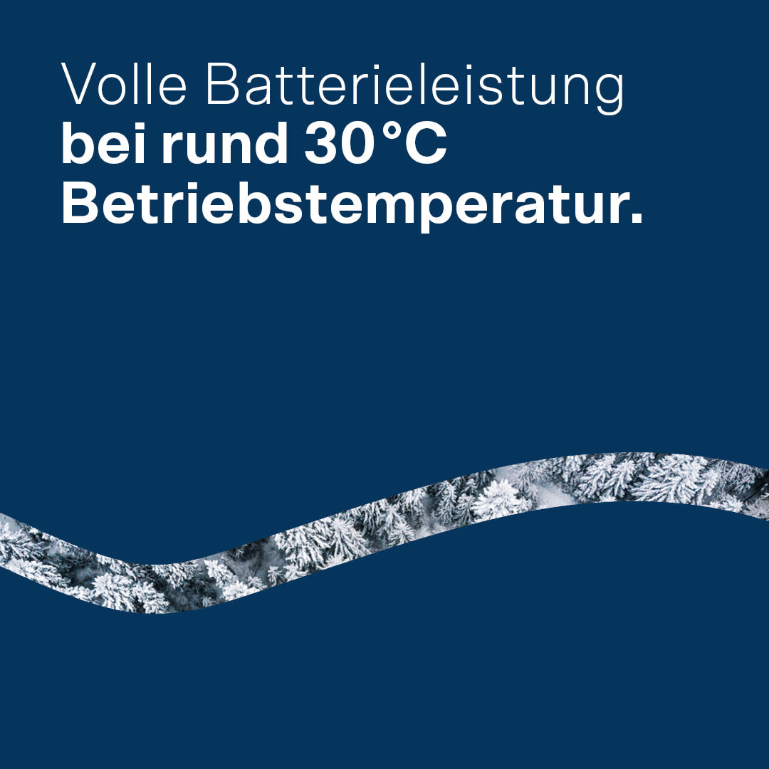 Volle Batterieleistung bei rund 30 °C Betriebstemperatur.