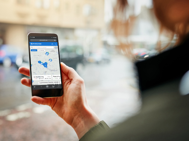 Une femme recherche une place de stationnement à l'aide de l'application Parcandi