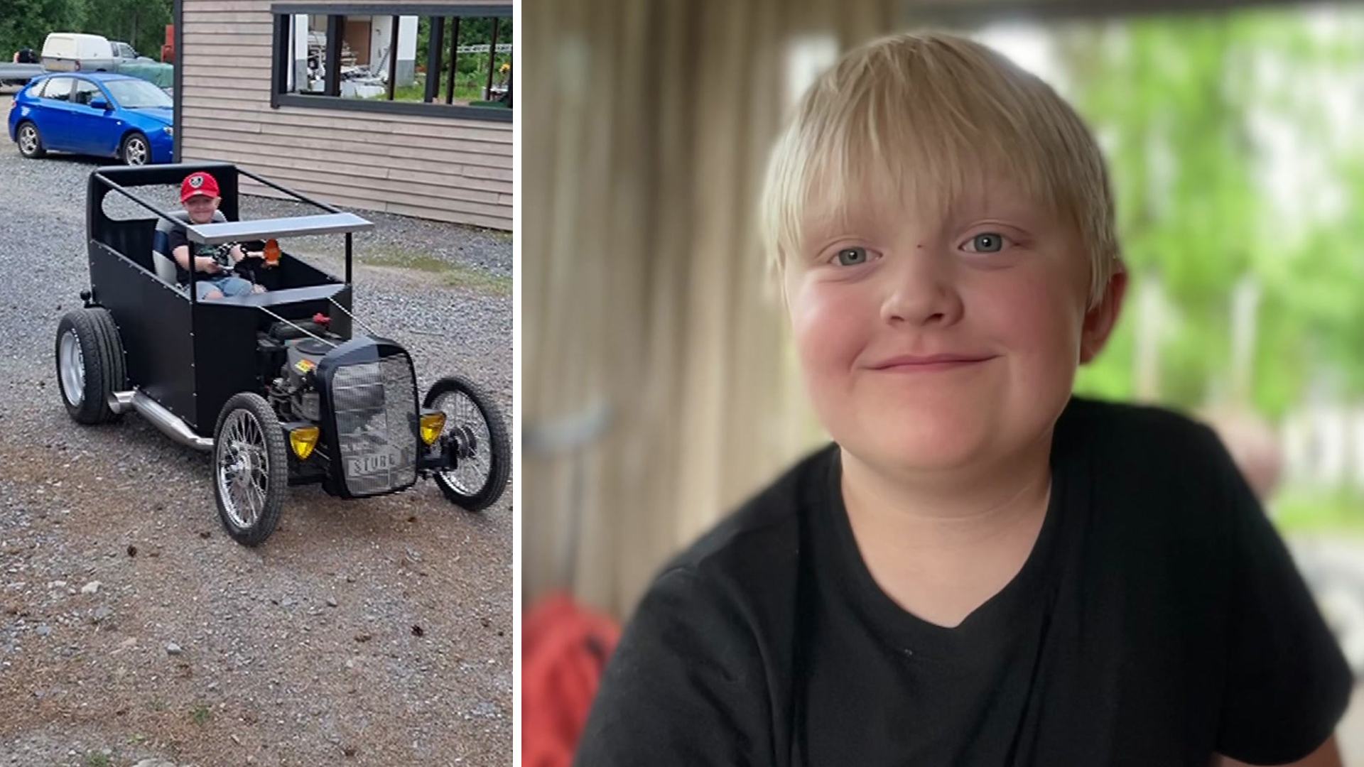 7-årige Sture byggde veteranbil av gräsklippare