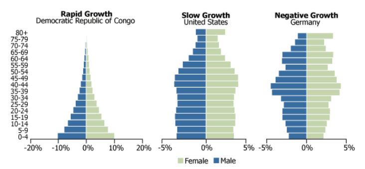 Patterns for population growth: rapid, slow, and negative.
