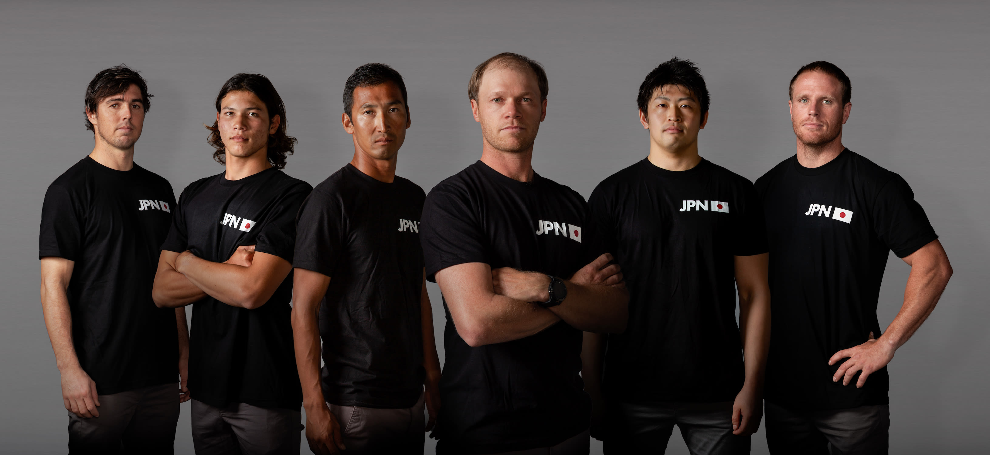 The Japan SailGP Team, from L to R: Iain Jensen, Leo Takahashi, Yugo Yoshida, Nathan Outteridge, Yuki Kasatani and Luke Parkinson.