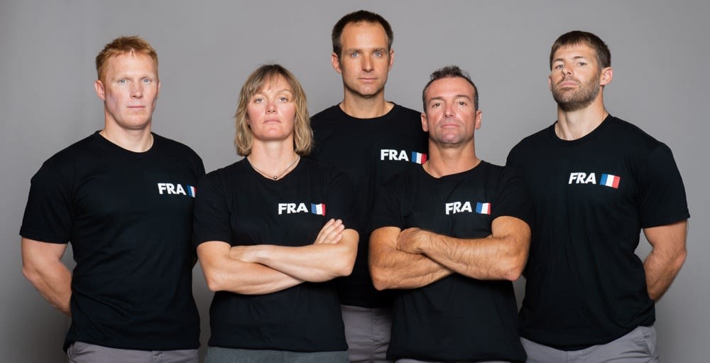 The France SailGP Team, from L to R: Matthieu Vandame, Marie Riou, Olivier Herledant, Billy Besson (skipper) and Devan Le Bihan.