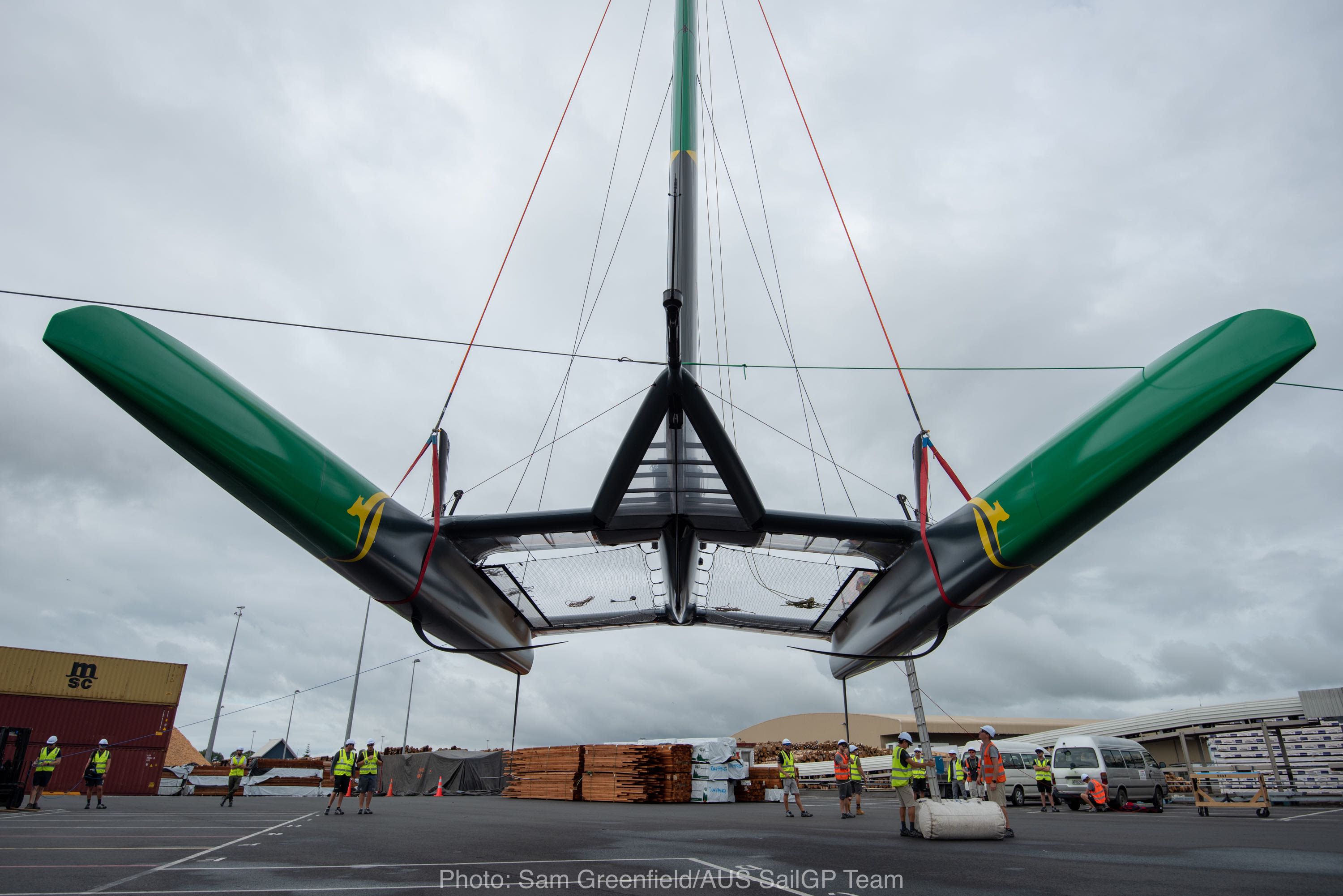 Australia SailGP Team's F50 catamaran being craned into the water for the first time