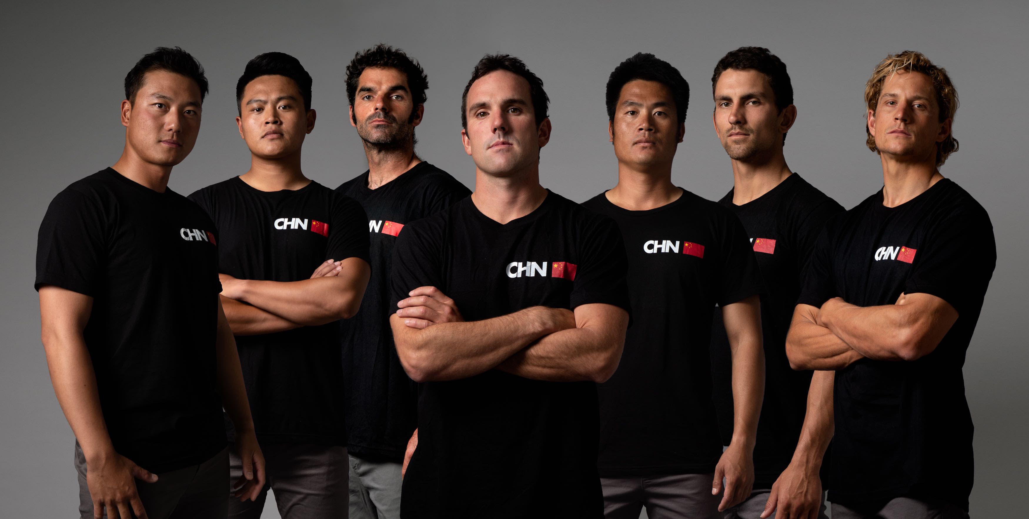 The China SailGP Team from L to R: Jinhao Chen, Liu Xue, Thomas Le Breton, Phil Robertson, Liu Ming, James Wierzbowski and Ed Powys.
