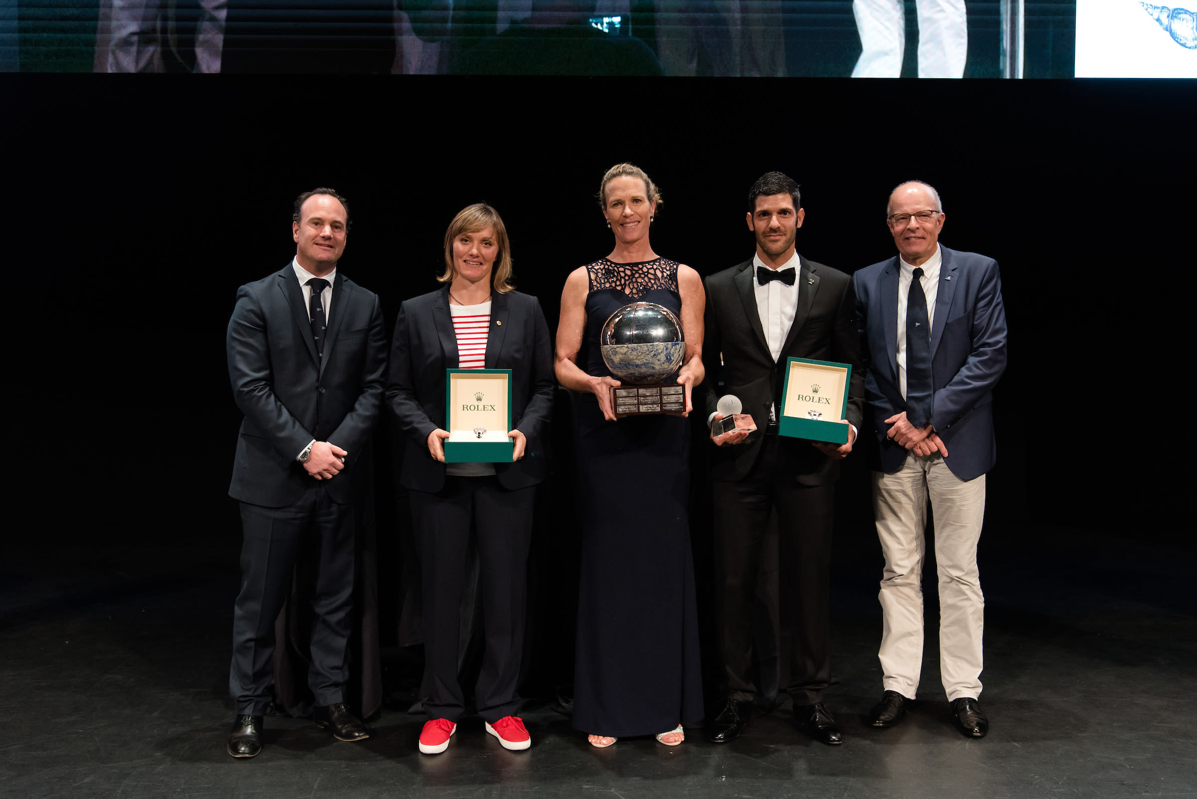 Marie Riou accepting the 2018 Rolex World Sailor of the Year award in Sarasota, FL alongside fellow recipients Carolijn Brouwer (NED) and Pavlos Kontides (CYP).
