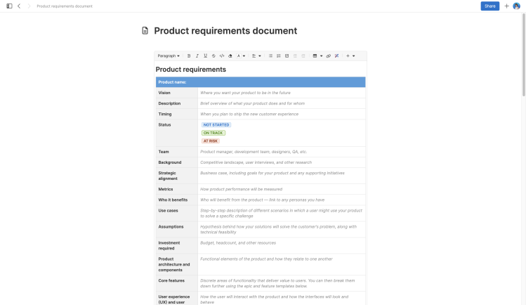 product requirements document note template