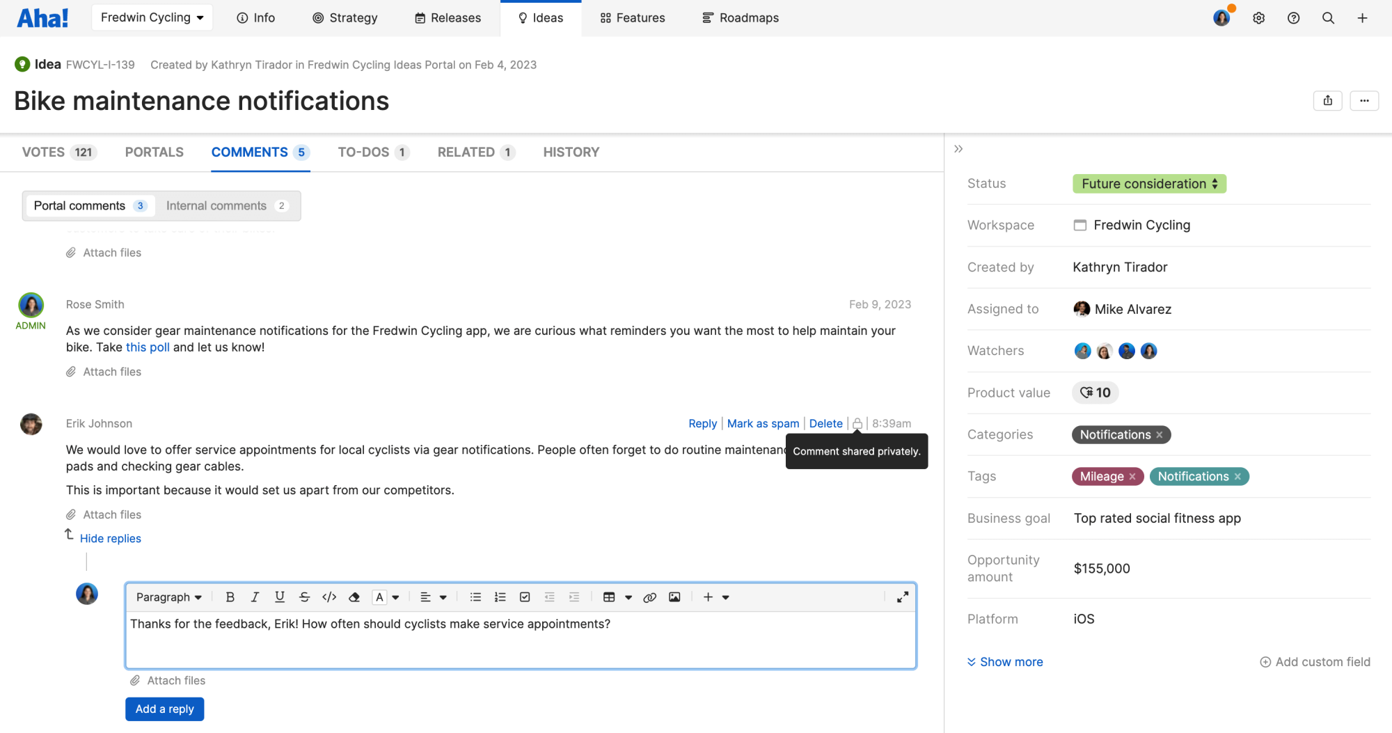 Toggle between portal comments to get customer insights and internal comments to discuss with your team.