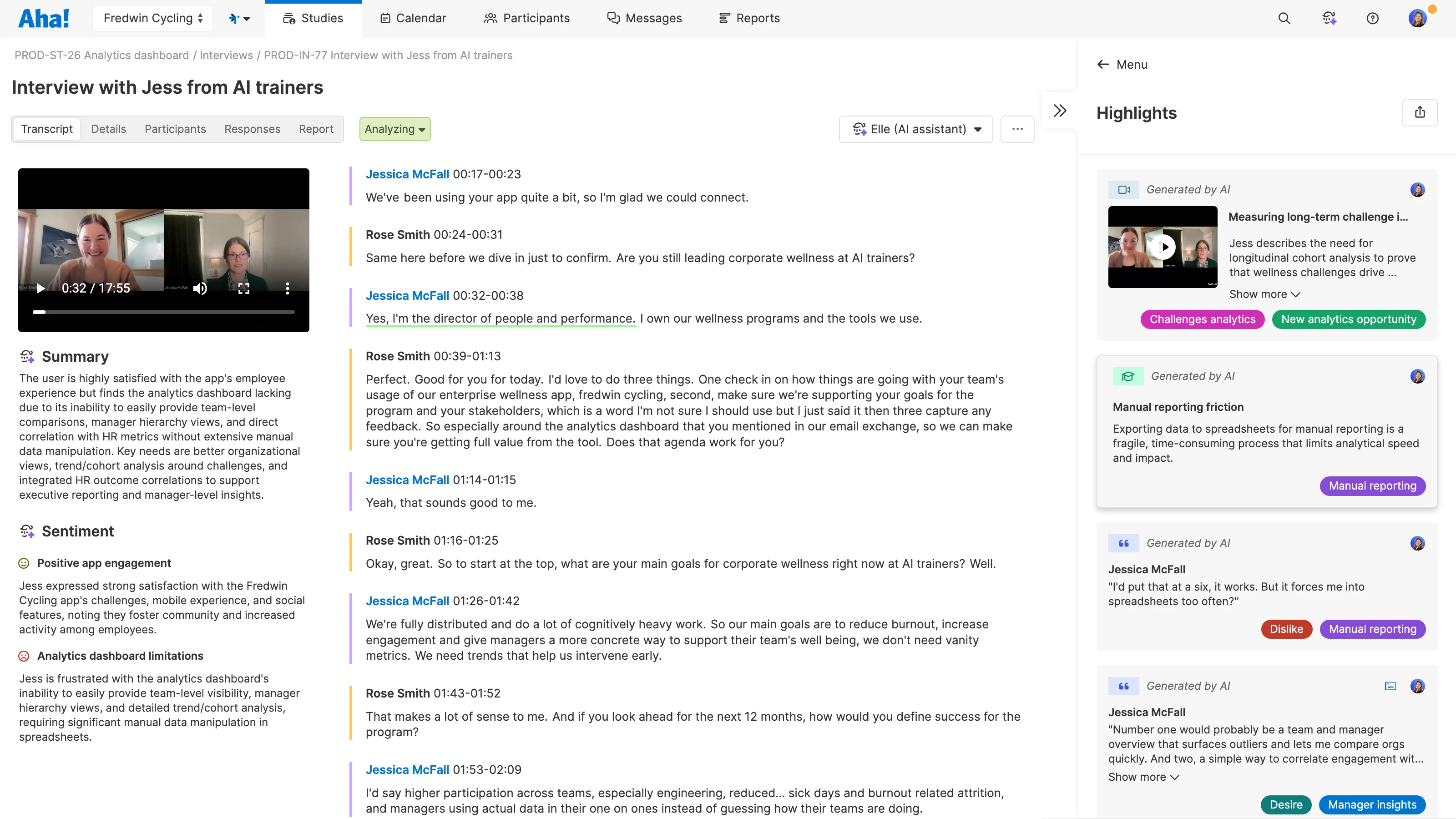 Elle, the Aha! AI assistant, generates interview highlights in Aha! Discovery.