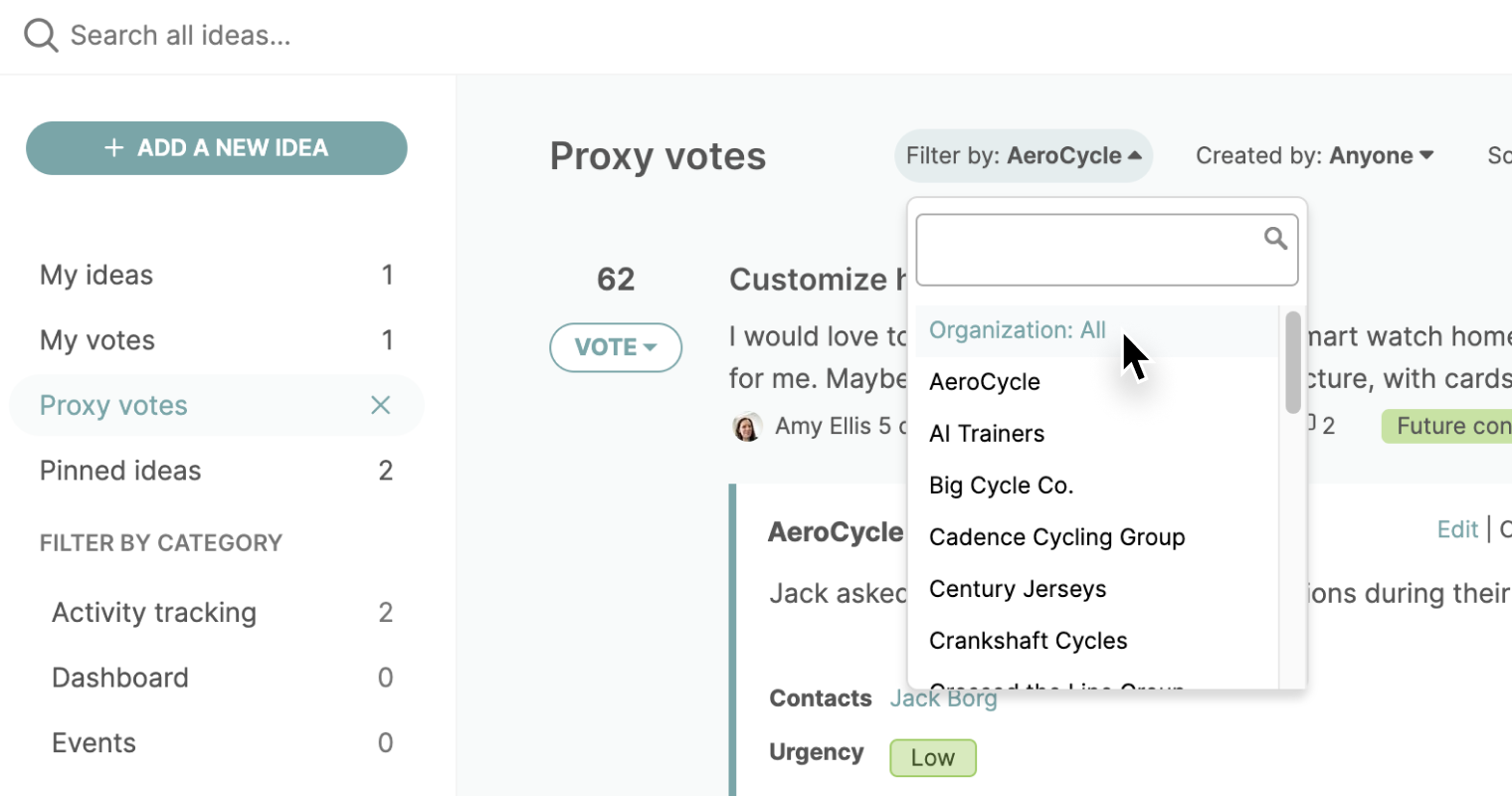 Add proxy vote modal with organization and contact selected.