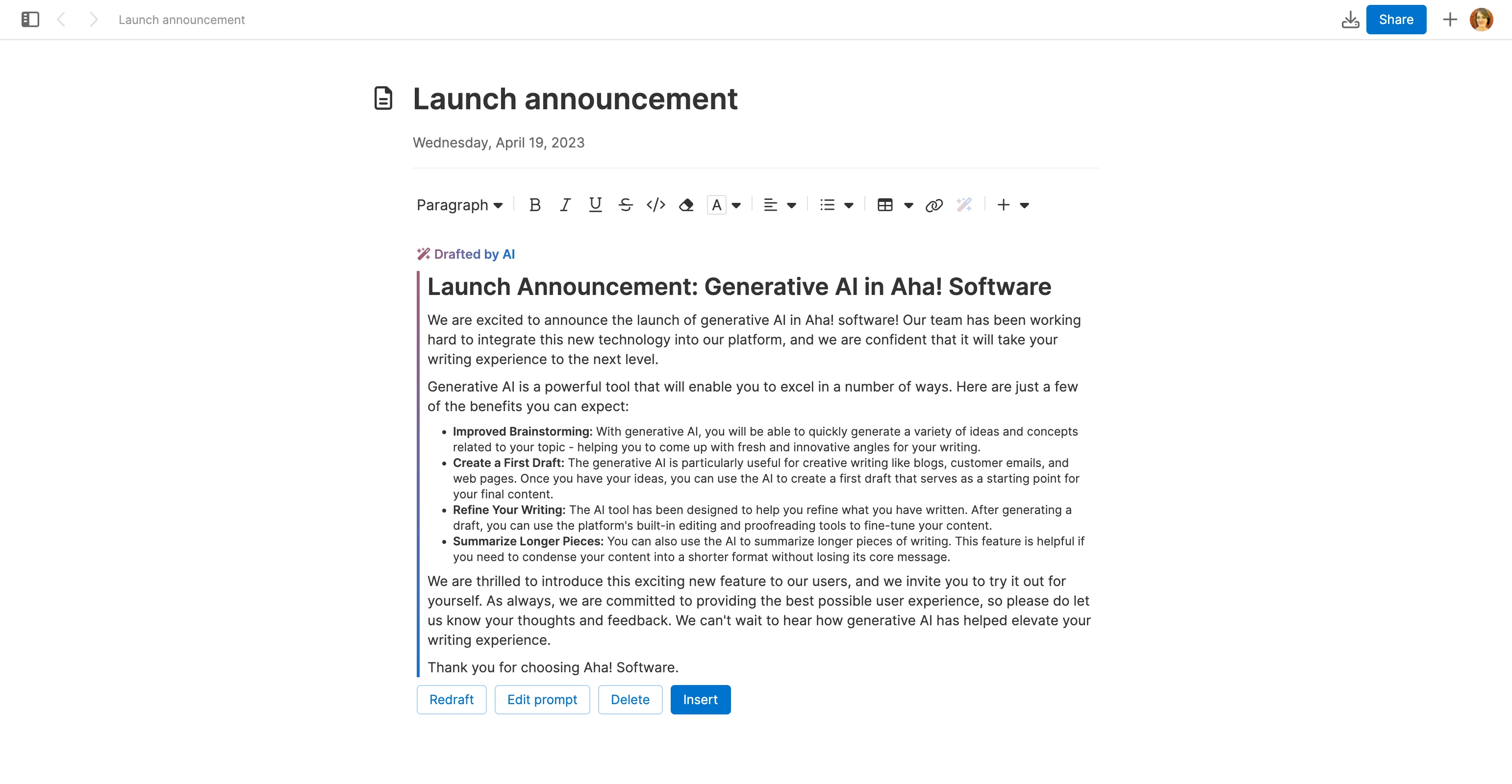 AI-generated text in Aha! software