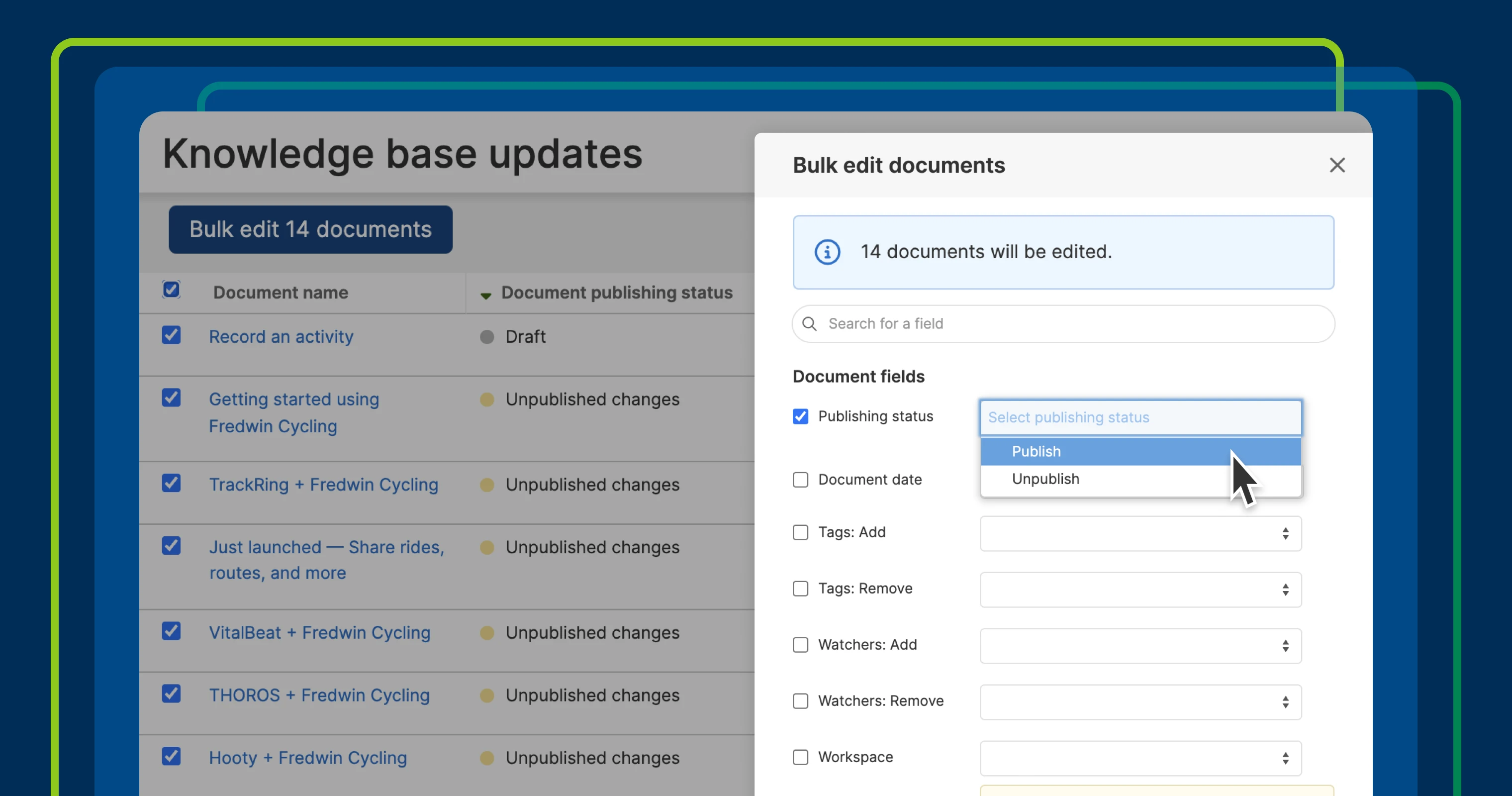 A list report with the bulk edit documents window open and "publish" selected