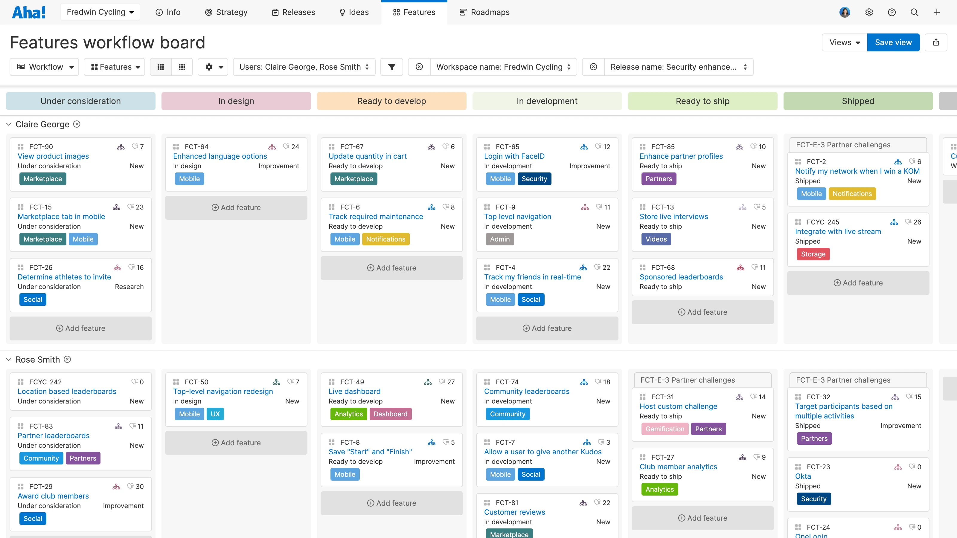 This is a kanban board in Aha! Roadmaps. Each column contains cards that show the work items the team is responsible for. Each card contains additional information such as relevant tags, priority, and estimated time.