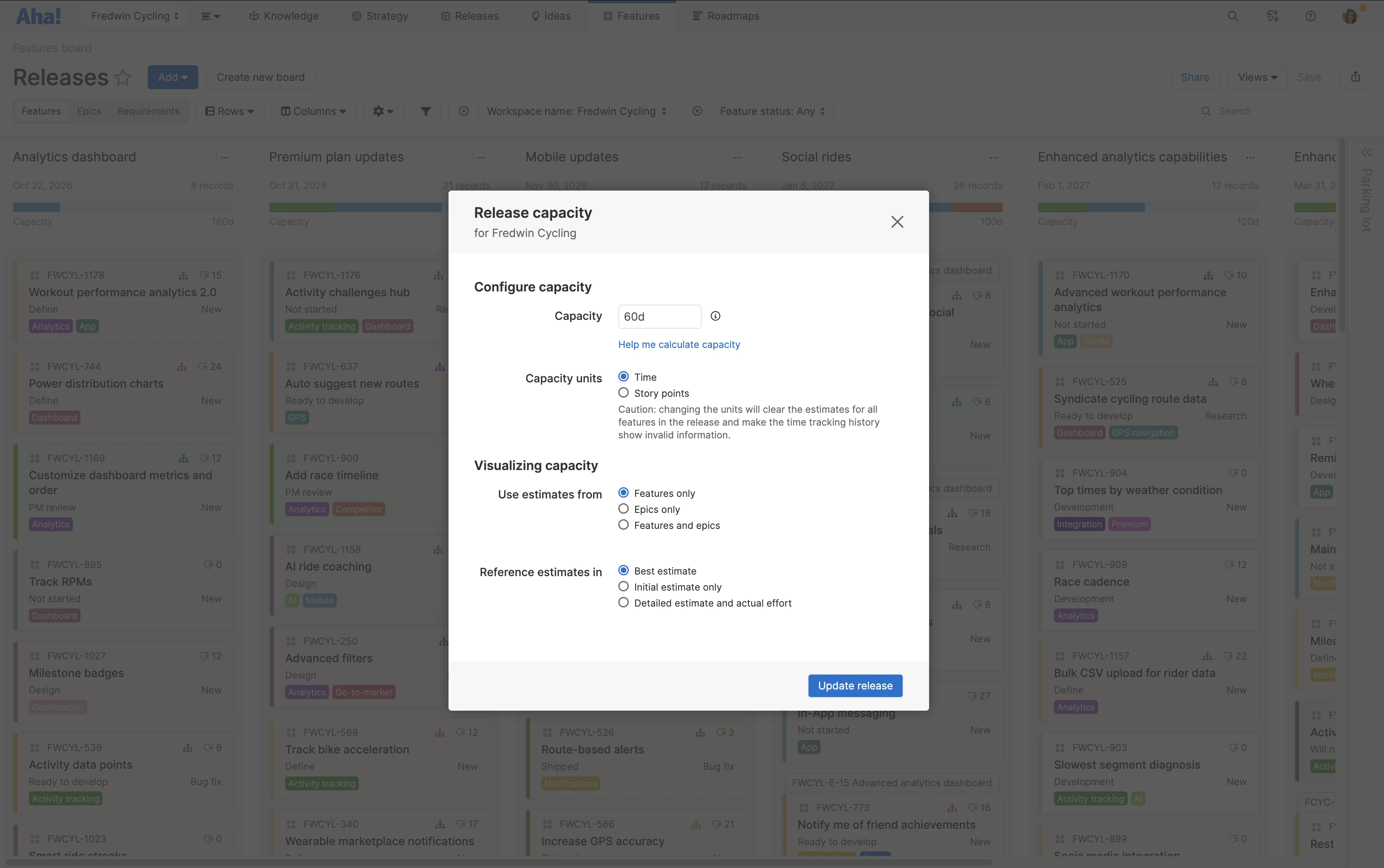 The features board with the release capacity modal in Aha! Roadmaps