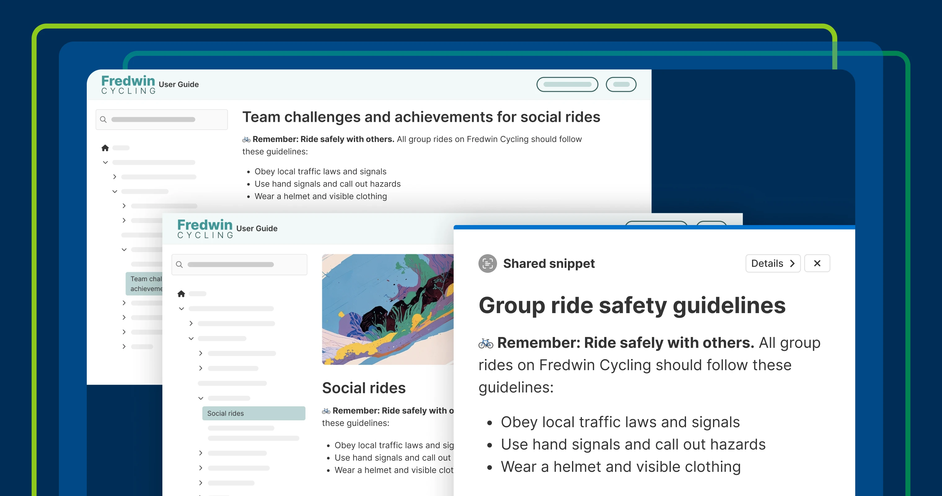 An image of a knowledge base with a shared snippet overlapping it that is titled "group ride safety guidelines"