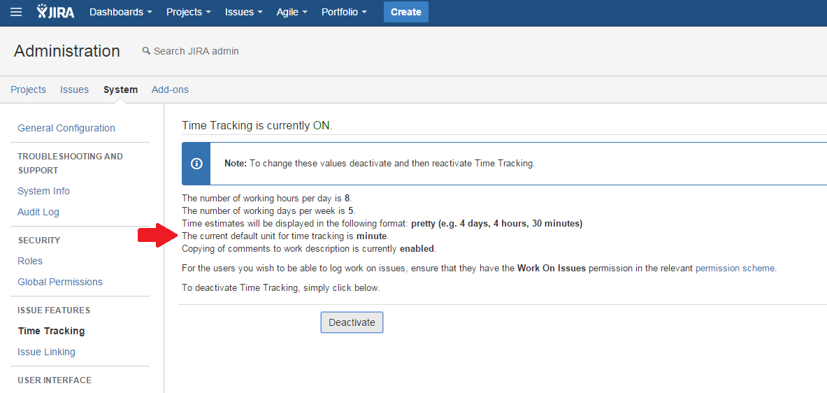 Jira time tracking settings showing that the default time unit is the minute.