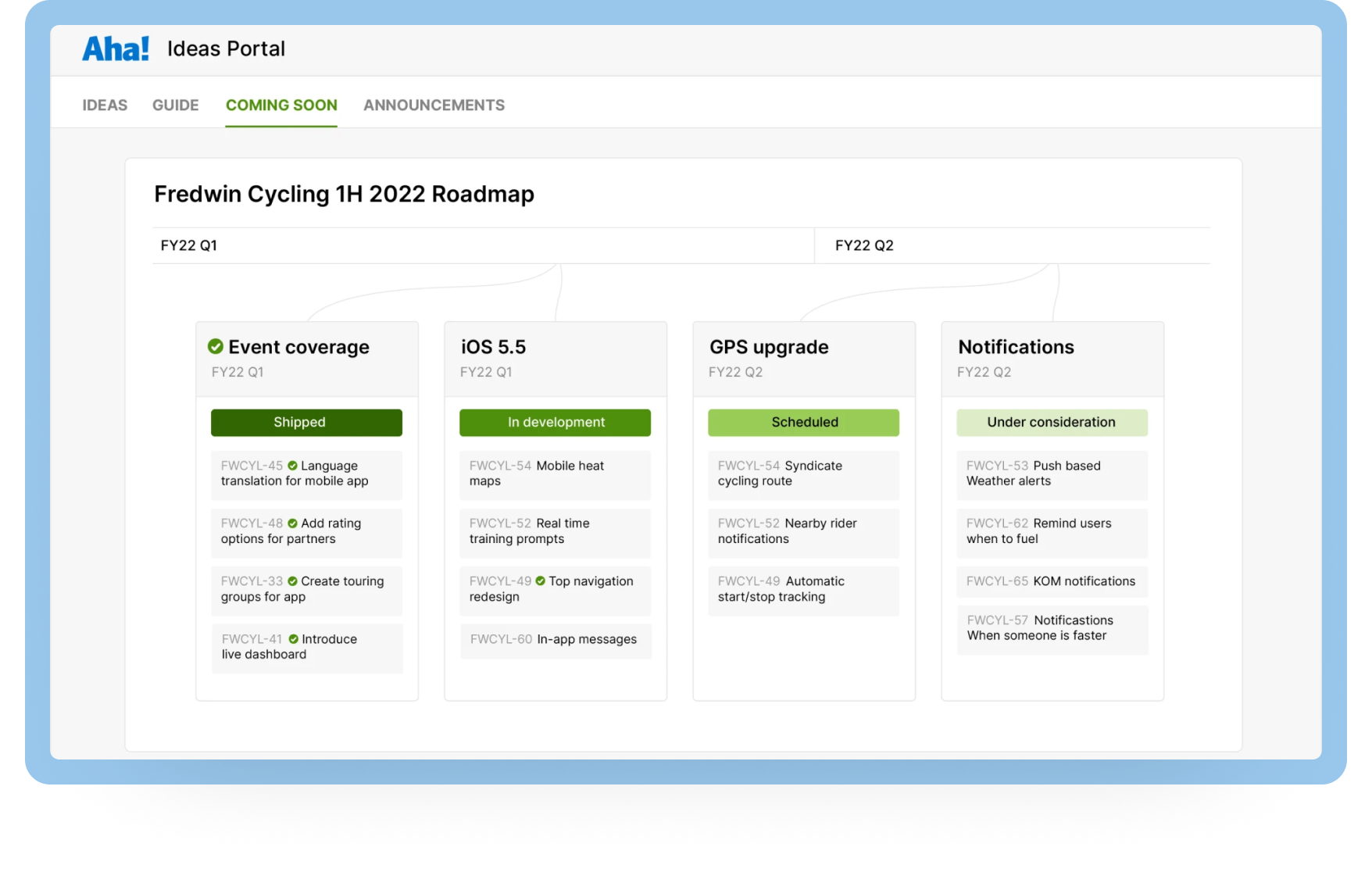 An image of a roadmap in Aha! idea management software with product roadmap presentation tool