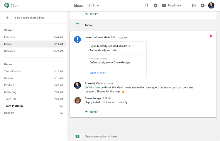 Blog - Just Launched! — Aha! + Google Hangouts Chat Integration - inline image