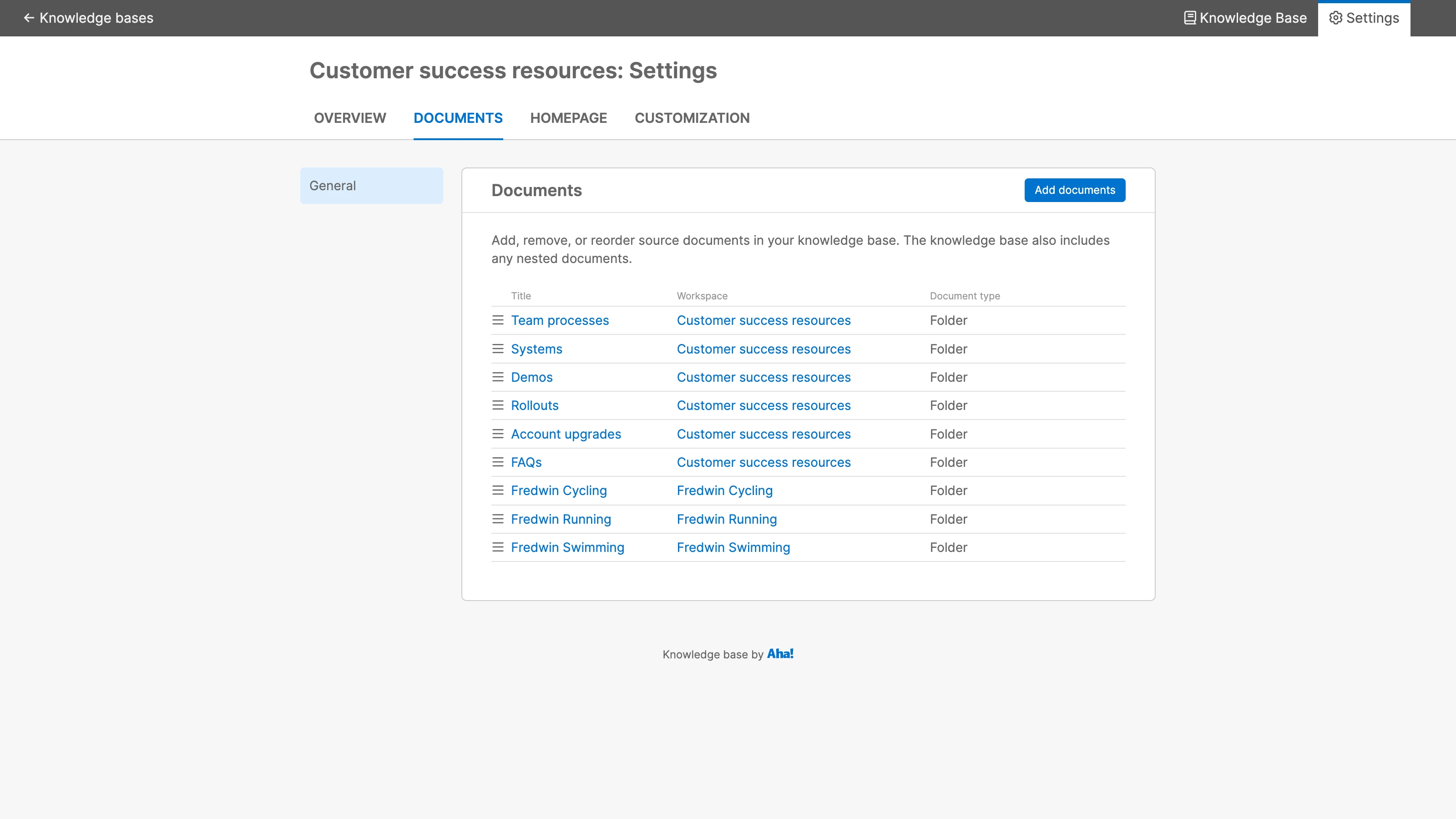 Documents settings within knowledge base settings