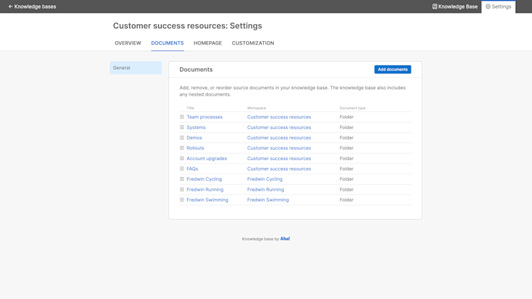 Documents settings within knowledge base settings
