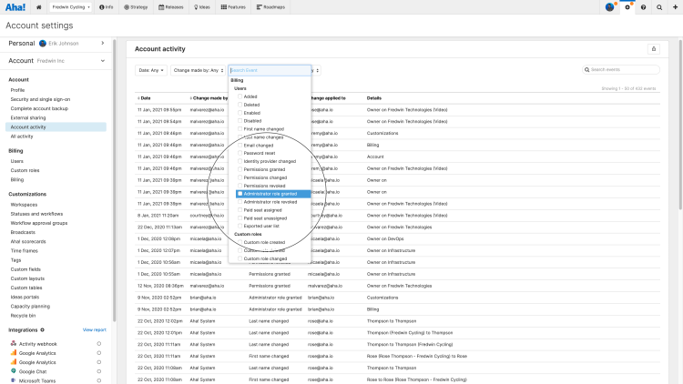 Account activity log with the events filter open and the administrator role granted event highlighted. 